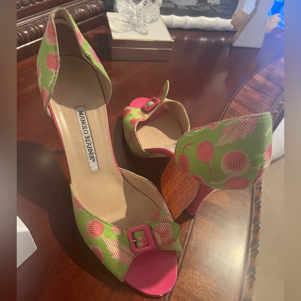 Manolo Blahnik pink and green cherry heels with buckle detail size 40